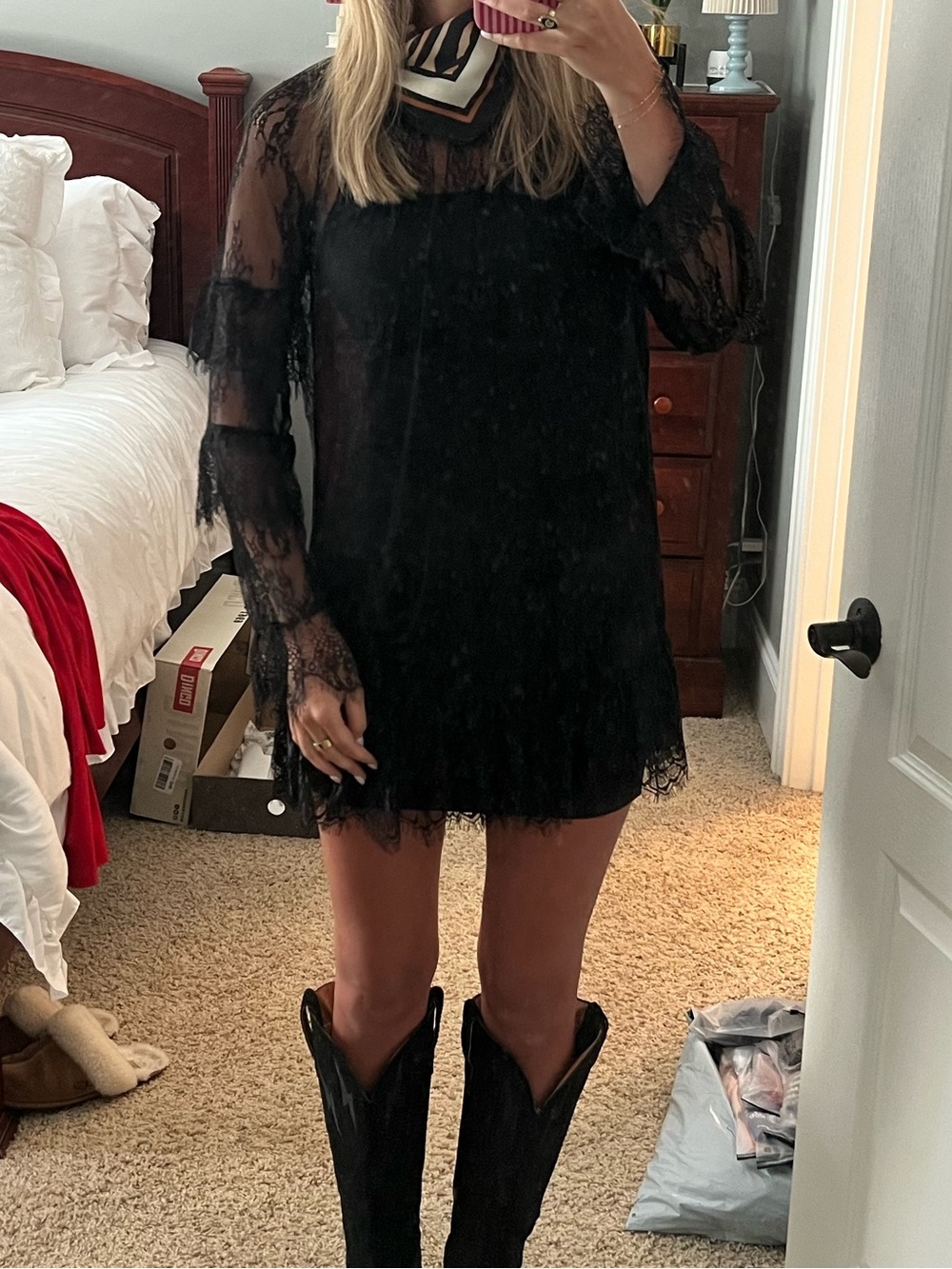 Black Lace Long-Sleeve Mini Dress
